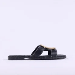 Women Oh My Sandals Square Buckle Mule Slider - Black Gold