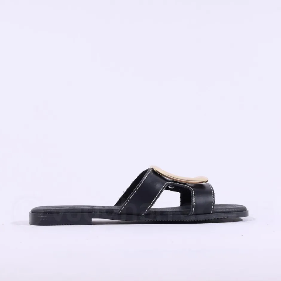 Women Oh My Sandals Square Buckle Mule Slider - Black Gold