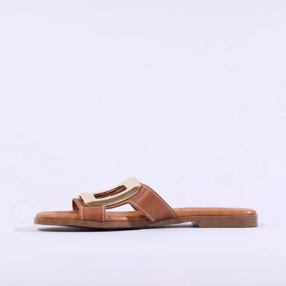 Women Oh My Sandals Square Buckle Mule Slider - Cognac