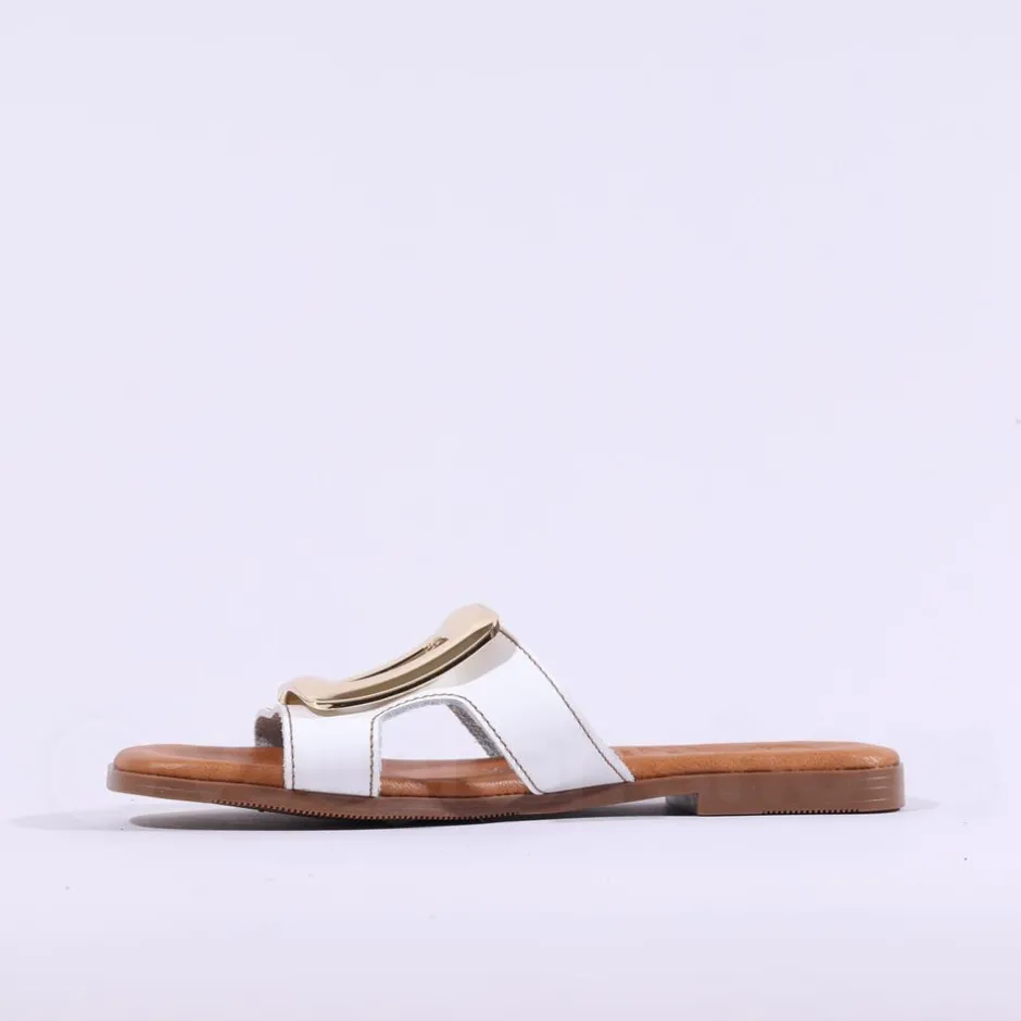Women Oh My Sandals Square Buckle Mule Slider - White Gold