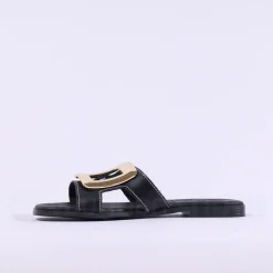 Women Oh My Sandals Square Buckle Mule Slider - Black Gold