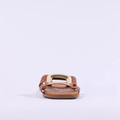 Women Oh My Sandals Square Buckle Mule Slider - Cognac