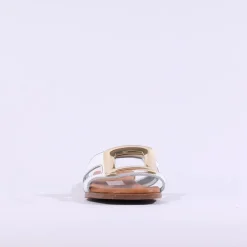 Women Oh My Sandals Square Buckle Mule Slider - White Gold