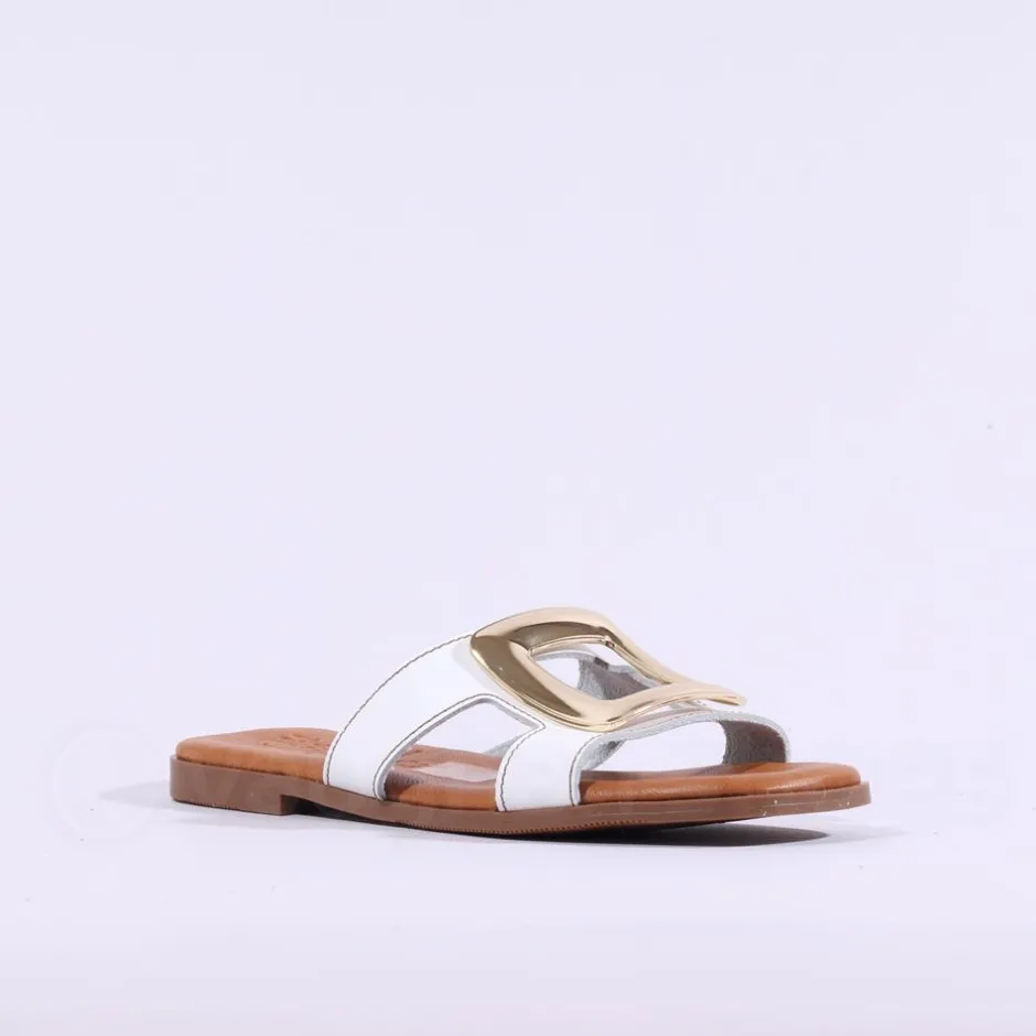 Women Oh My Sandals Square Buckle Mule Slider - White Gold