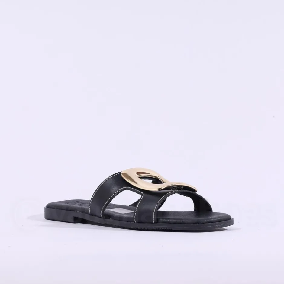 Women Oh My Sandals Square Buckle Mule Slider - Black Gold