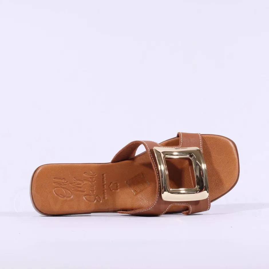 Women Oh My Sandals Square Buckle Mule Slider - Cognac