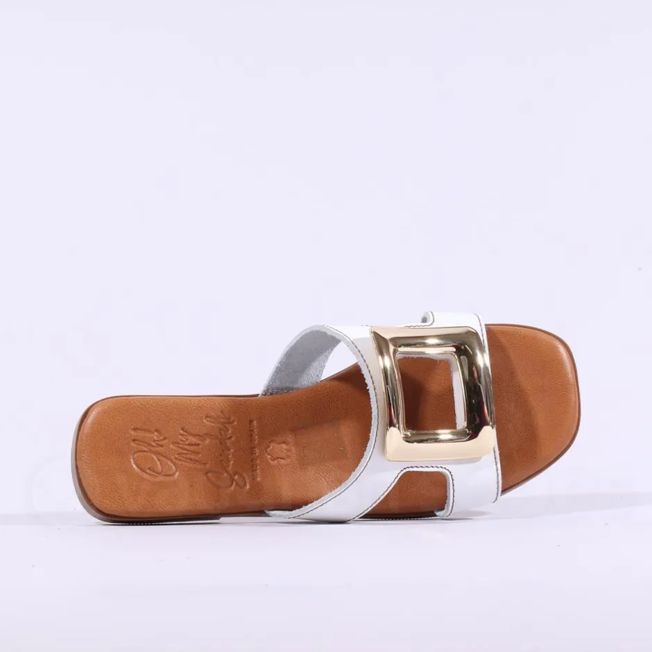 Women Oh My Sandals Square Buckle Mule Slider - White Gold