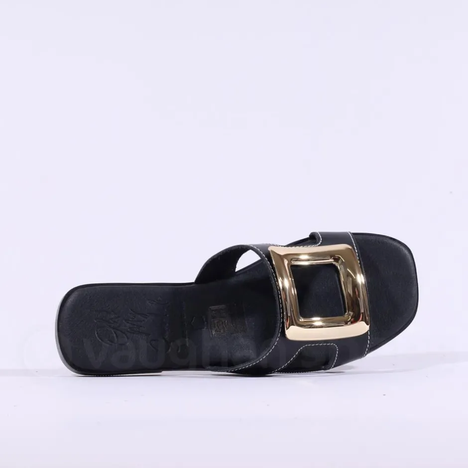 Women Oh My Sandals Square Buckle Mule Slider - Black Gold