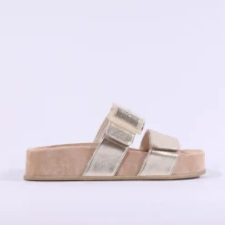 Women Paul Green 2 Strap Buckle Mule Sandal - Gold Leather