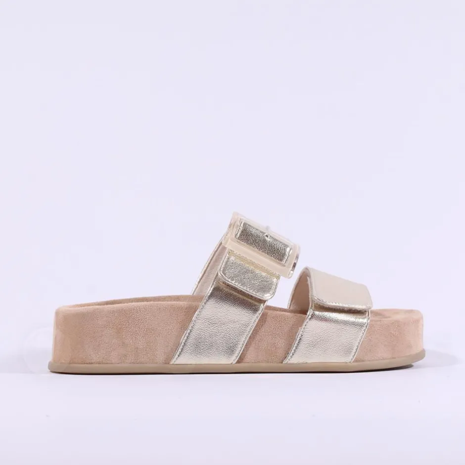 Women Paul Green 2 Strap Buckle Mule Sandal - Gold Leather