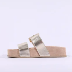 Women Paul Green 2 Strap Buckle Mule Sandal - Gold Leather