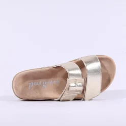Women Paul Green 2 Strap Buckle Mule Sandal - Gold Leather