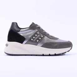 Women NeroGiardini Stud Panel Wedge Trainer - Grey Metallic Leather