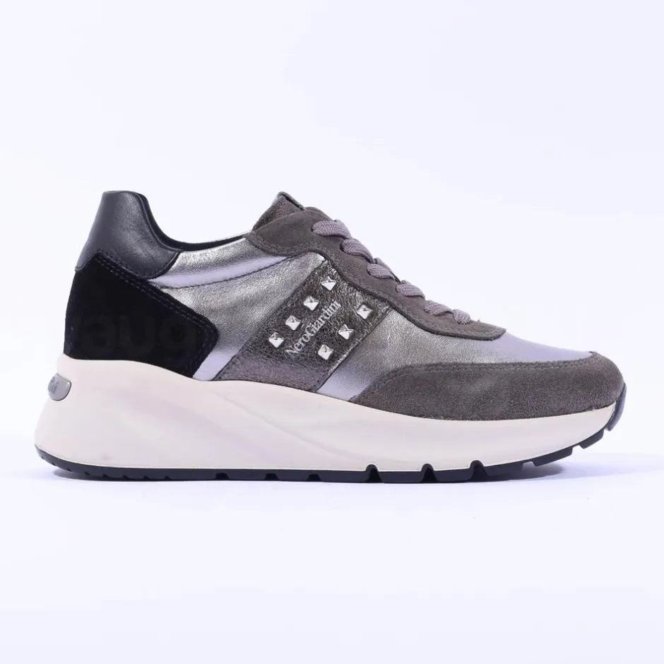 Women NeroGiardini Stud Panel Wedge Trainer - Grey Metallic Leather