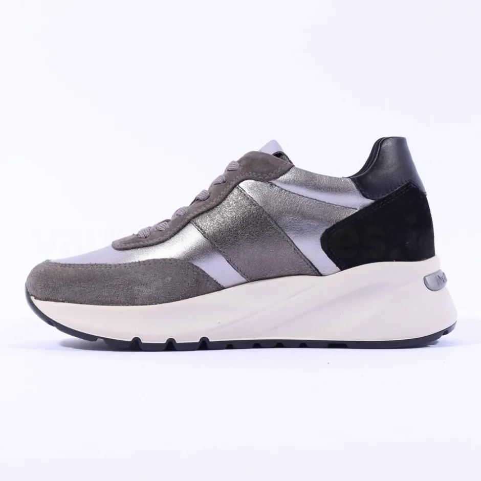 Women NeroGiardini Stud Panel Wedge Trainer - Grey Metallic Leather