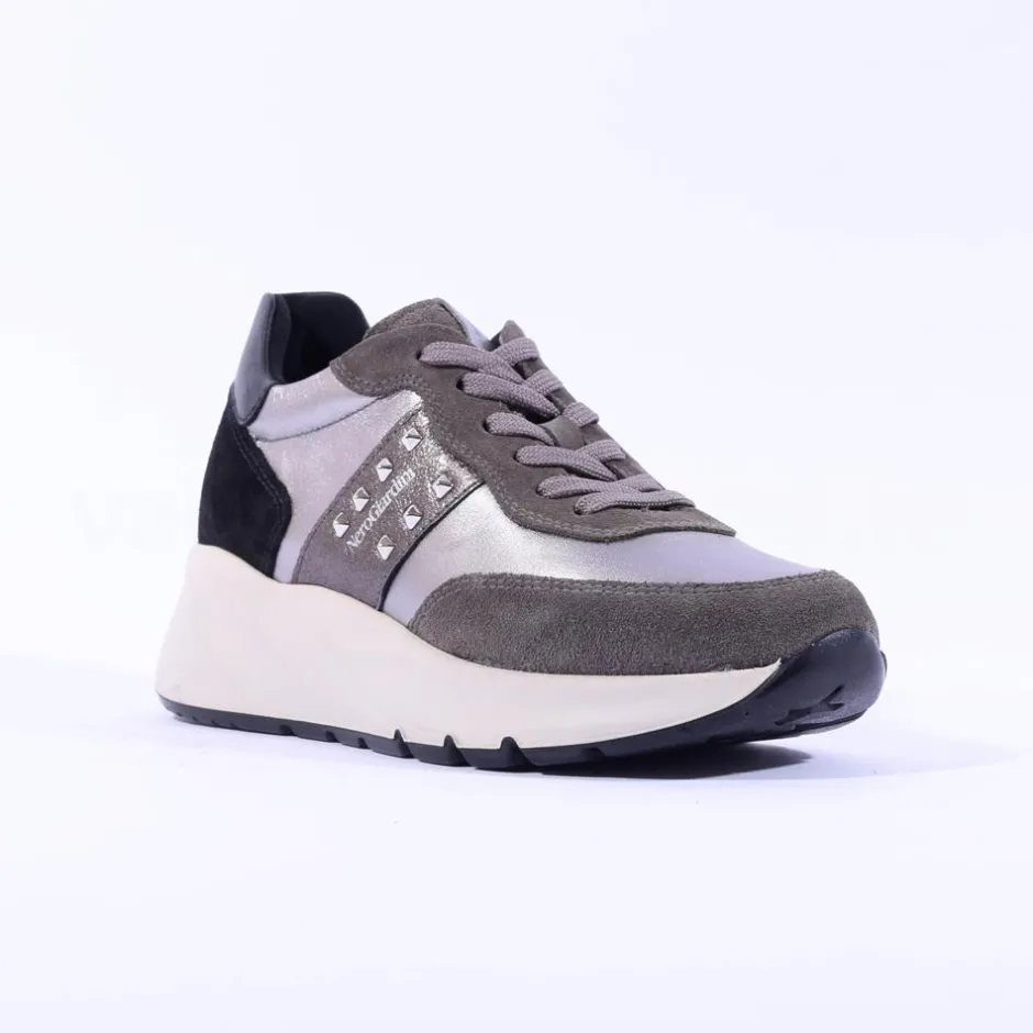 Women NeroGiardini Stud Panel Wedge Trainer - Grey Metallic Leather