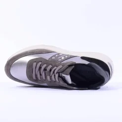 Women NeroGiardini Stud Panel Wedge Trainer - Grey Metallic Leather