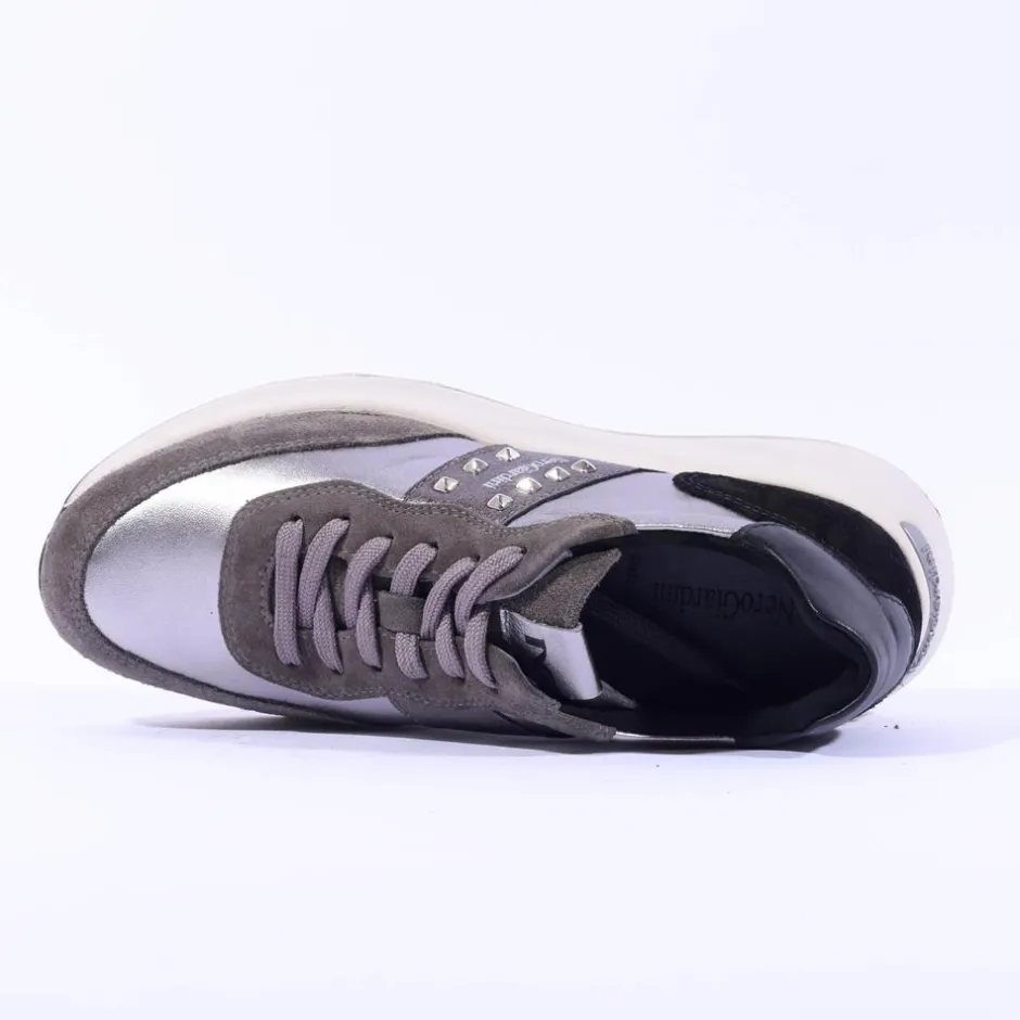 Women NeroGiardini Stud Panel Wedge Trainer - Grey Metallic Leather
