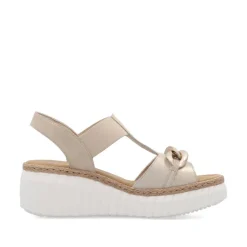 Women Rieker T Bar Link Detail Wedge Sandal - Beige Metallic Combi