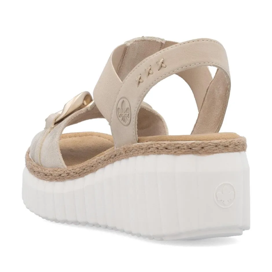 Women Rieker T Bar Link Detail Wedge Sandal - Beige Metallic Combi