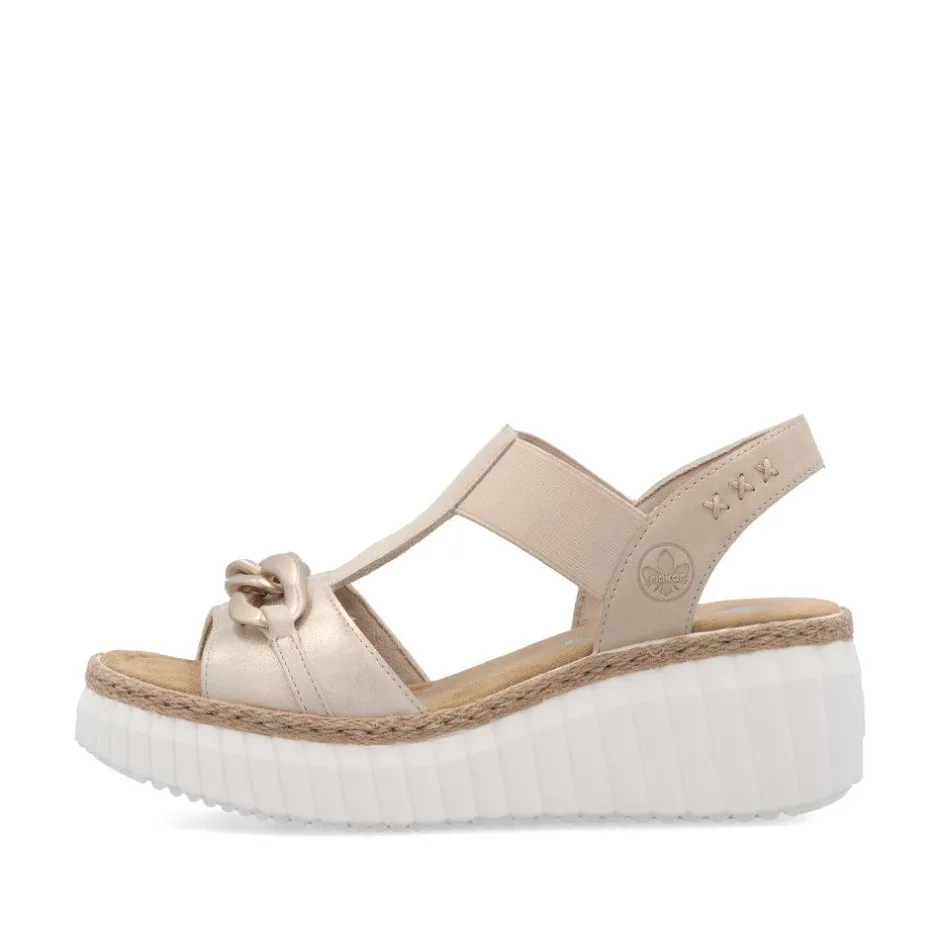 Women Rieker T Bar Link Detail Wedge Sandal - Beige Metallic Combi