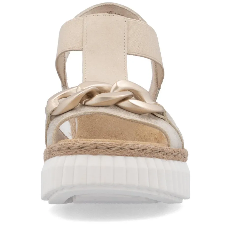 Women Rieker T Bar Link Detail Wedge Sandal - Beige Metallic Combi