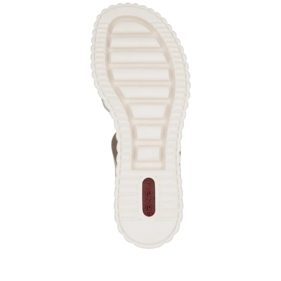 Women Rieker T Bar Link Detail Wedge Sandal - Beige Metallic Combi