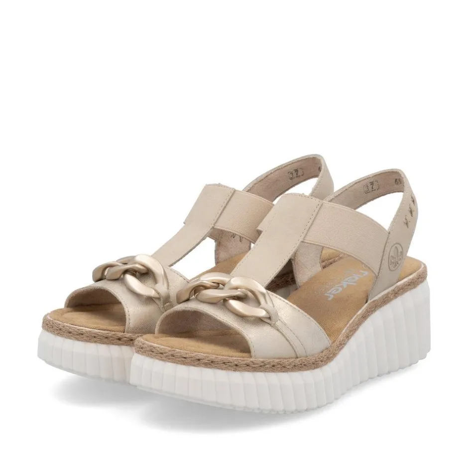 Women Rieker T Bar Link Detail Wedge Sandal - Beige Metallic Combi