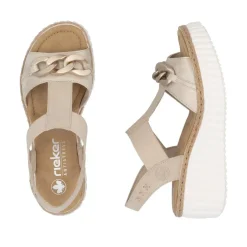 Women Rieker T Bar Link Detail Wedge Sandal - Beige Metallic Combi