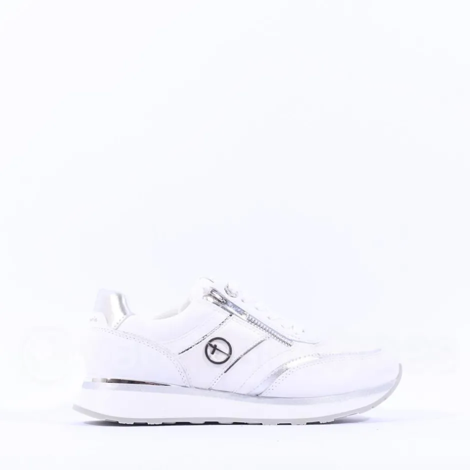 Women Tamaris Taja Side Zip Sparkle Trainer - White Silver