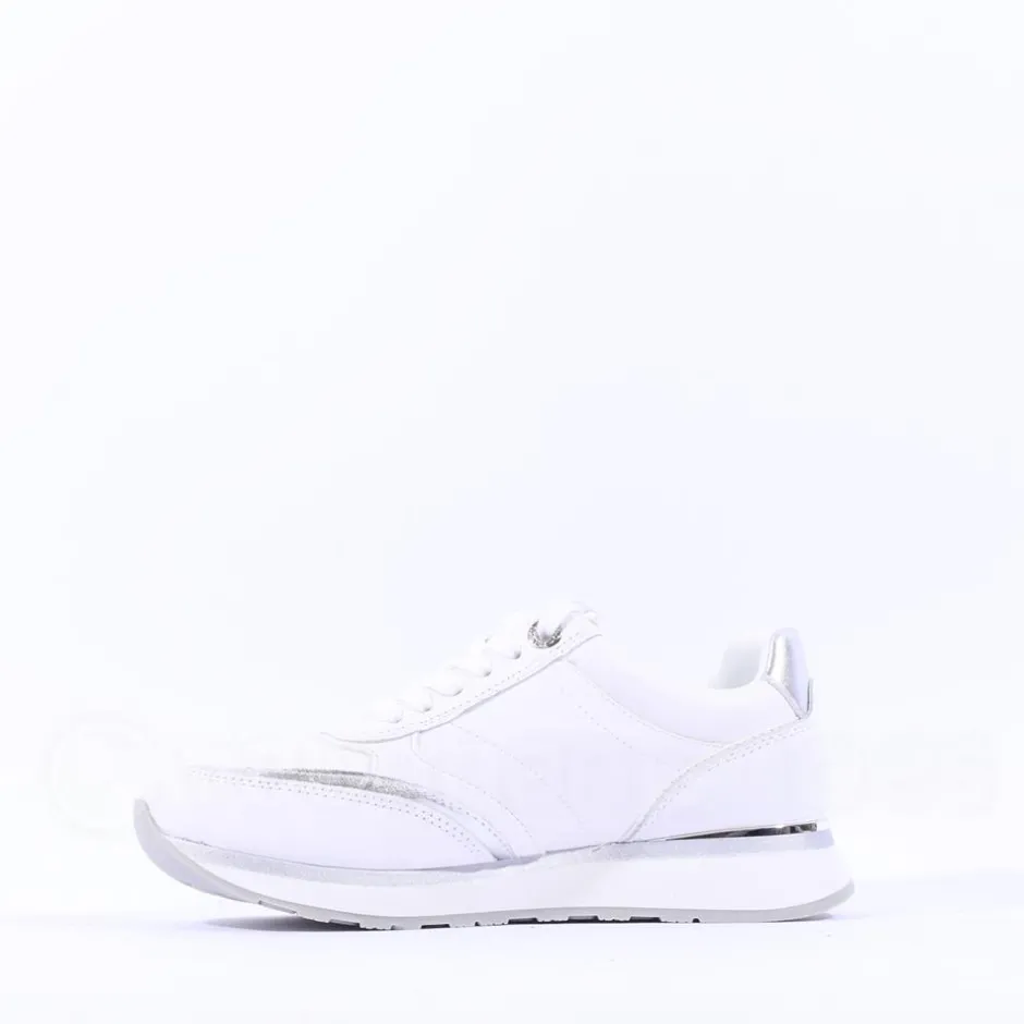 Women Tamaris Taja Side Zip Sparkle Trainer - White Silver