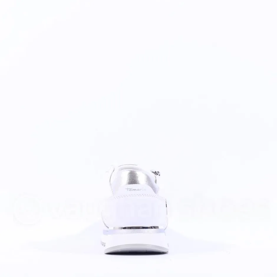 Women Tamaris Taja Side Zip Sparkle Trainer - White Silver