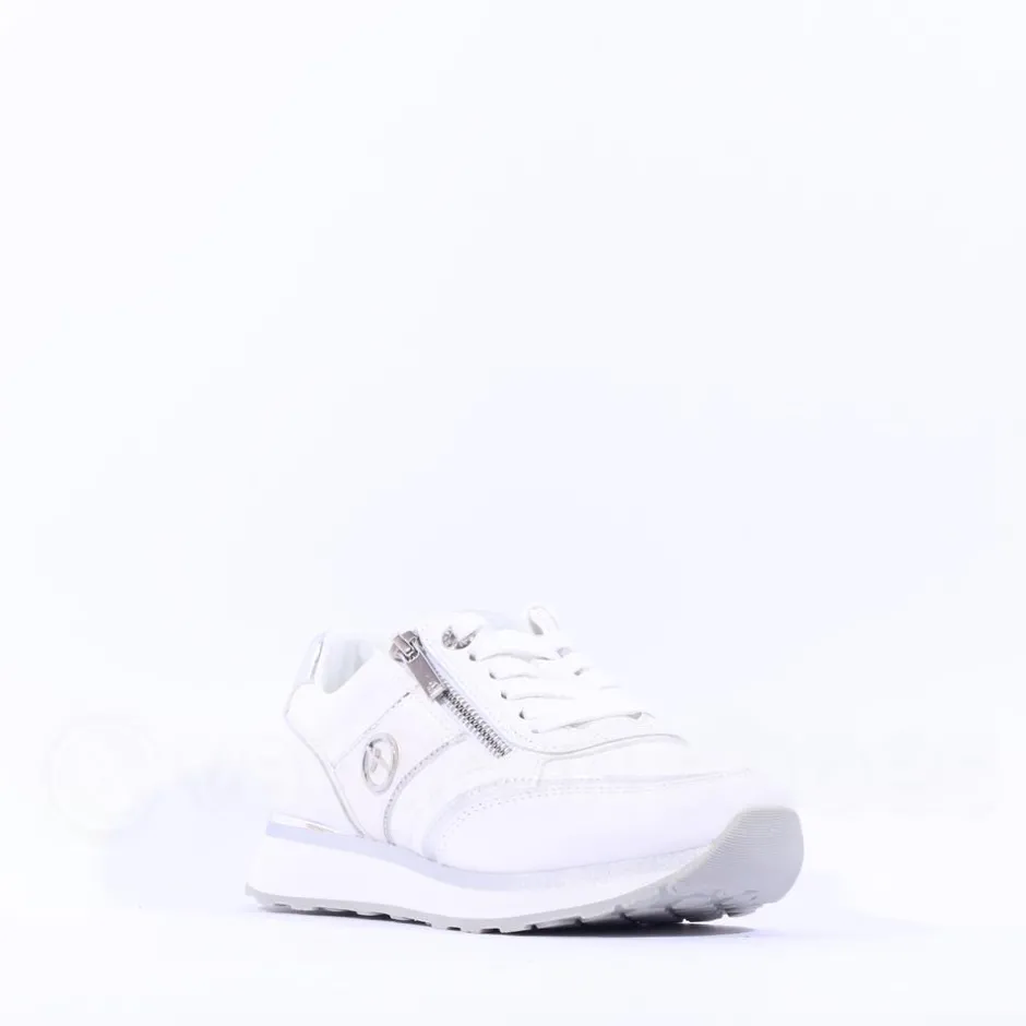 Women Tamaris Taja Side Zip Sparkle Trainer - White Silver