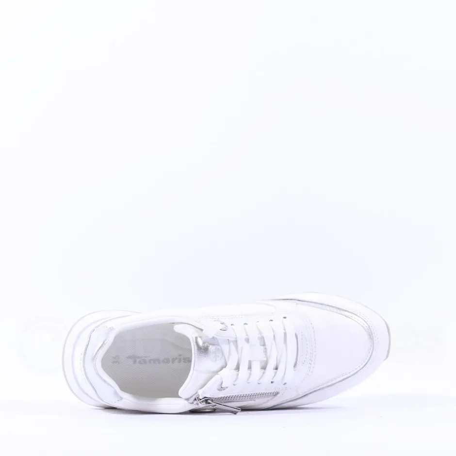 Women Tamaris Taja Side Zip Sparkle Trainer - White Silver