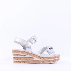 Women Gabor Teman Square Buckle Layered Sandal - Silver Leather