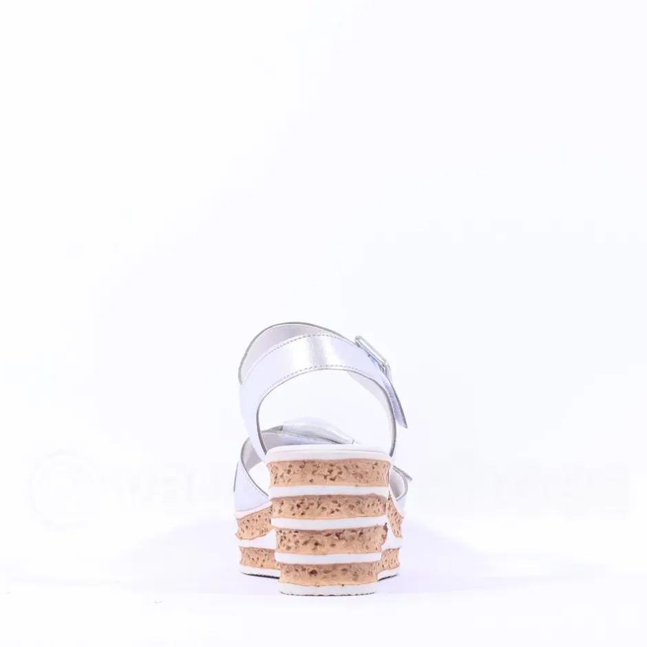 Women Gabor Teman Square Buckle Layered Sandal - Silver Leather