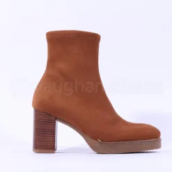 Women Miss Elastic Timber Block Heel Sock Boot - Tan Suede