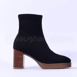 Women Miss Elastic Timber Block Heel Sock Boot - Black Suede