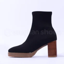 Women Miss Elastic Timber Block Heel Sock Boot - Black Suede