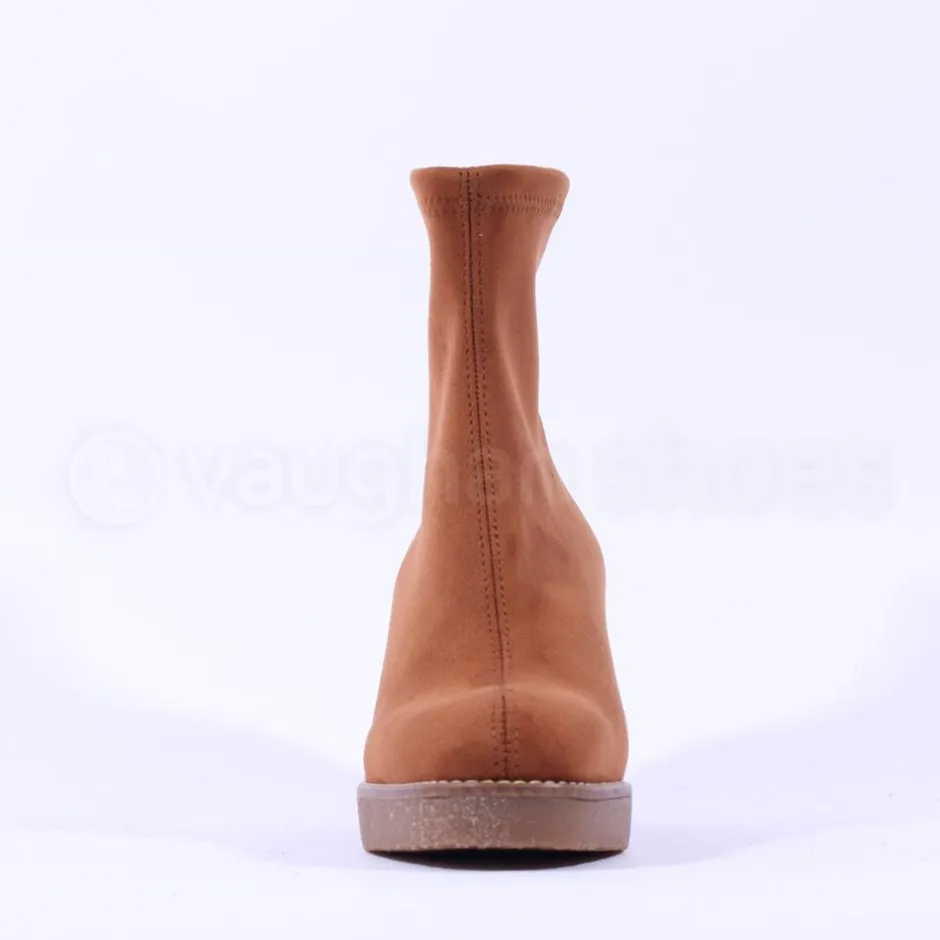 Women Miss Elastic Timber Block Heel Sock Boot - Tan Suede