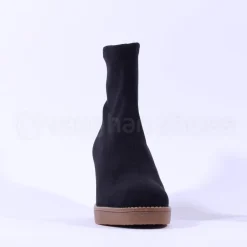 Women Miss Elastic Timber Block Heel Sock Boot - Black Suede