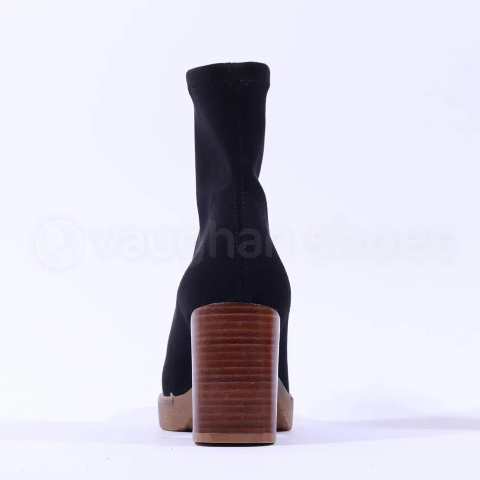 Women Miss Elastic Timber Block Heel Sock Boot - Black Suede