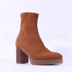 Women Miss Elastic Timber Block Heel Sock Boot - Tan Suede