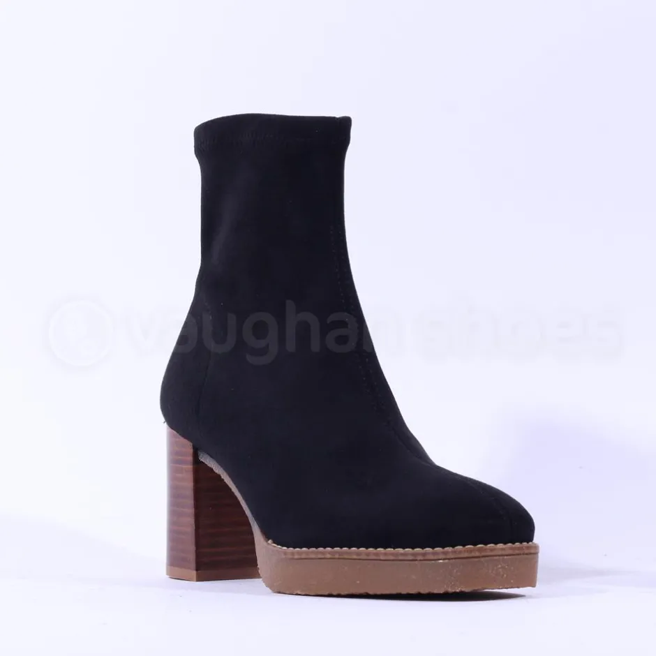 Women Miss Elastic Timber Block Heel Sock Boot - Black Suede