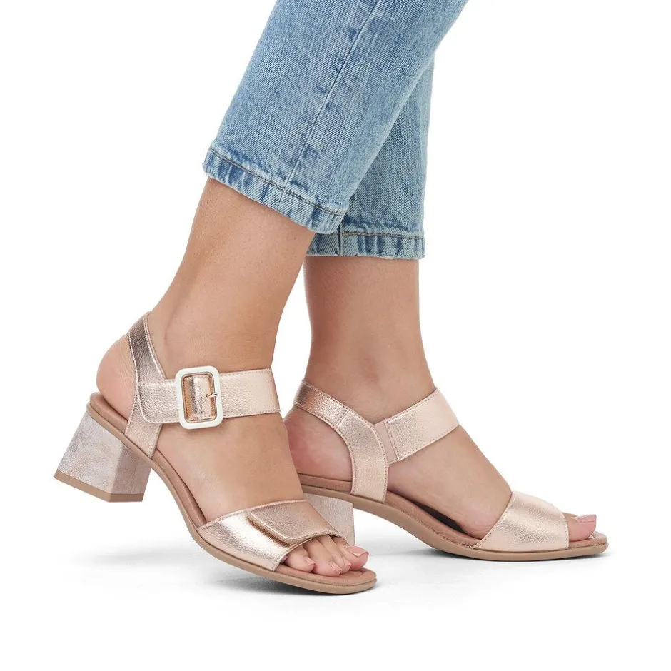 Women Remonte Twin Velcro Block Heel Sandal - Pink Metallic