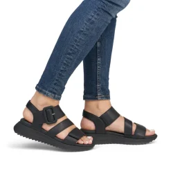 Women Rieker Twin Velcro Strap Sandal - Black Leather