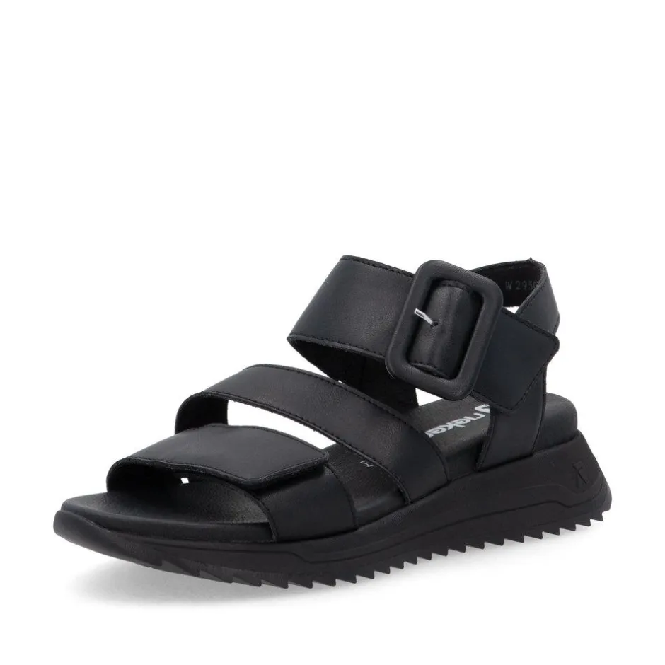 Women Rieker Twin Velcro Strap Sandal - Black Leather