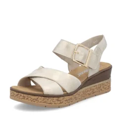Women Rieker Velcro Cross Strap Wedge Sandal - Beige Metallic