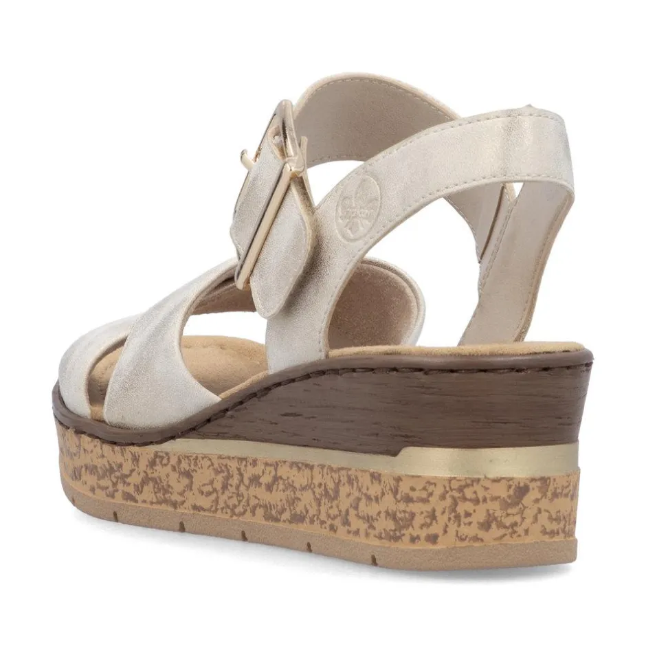 Women Rieker Velcro Cross Strap Wedge Sandal - Beige Metallic