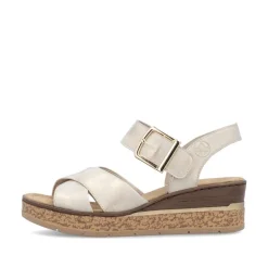 Women Rieker Velcro Cross Strap Wedge Sandal - Beige Metallic